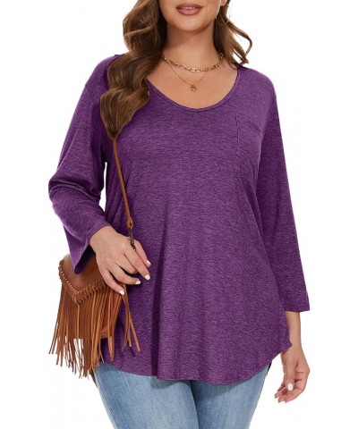 Womens Plus Size Tunic Tops 3/4 Sleeve V Neck T Shirts Basic Tee Loose Blouses with Pocket D-deep Purple $10.00 Tops