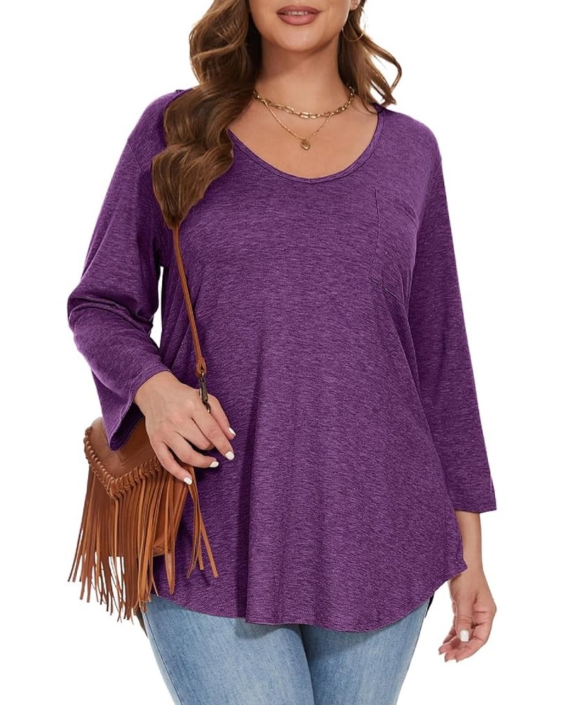 Womens Plus Size Tunic Tops 3/4 Sleeve V Neck T Shirts Basic Tee Loose Blouses with Pocket D-deep Purple $10.00 Tops