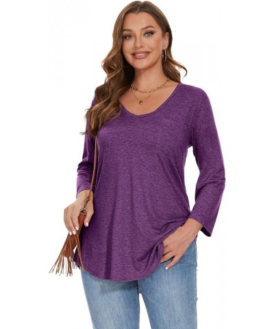 Womens Plus Size Tunic Tops 3/4 Sleeve V Neck T Shirts Basic Tee Loose Blouses with Pocket D-deep Purple $10.00 Tops