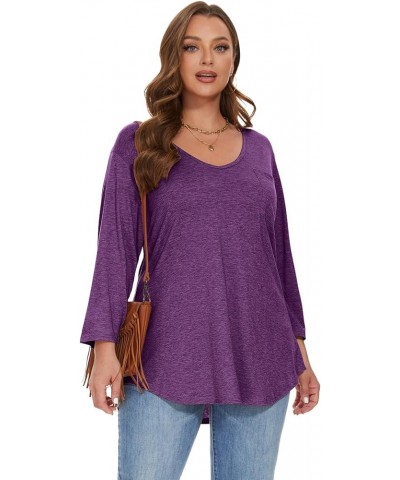 Womens Plus Size Tunic Tops 3/4 Sleeve V Neck T Shirts Basic Tee Loose Blouses with Pocket D-deep Purple $10.00 Tops