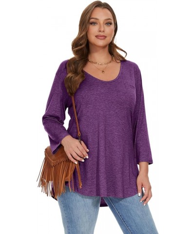 Womens Plus Size Tunic Tops 3/4 Sleeve V Neck T Shirts Basic Tee Loose Blouses with Pocket D-deep Purple $10.00 Tops