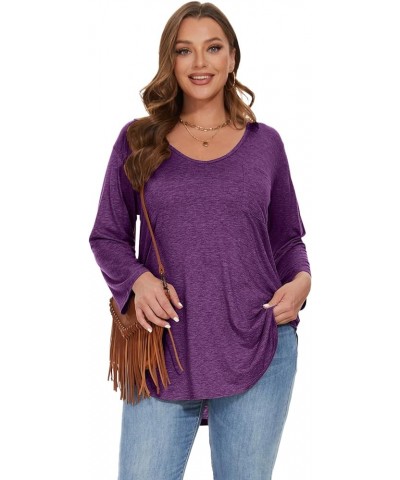 Womens Plus Size Tunic Tops 3/4 Sleeve V Neck T Shirts Basic Tee Loose Blouses with Pocket D-deep Purple $10.00 Tops