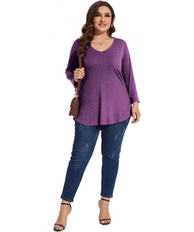 Womens Plus Size Tunic Tops 3/4 Sleeve V Neck T Shirts Basic Tee Loose Blouses with Pocket D-deep Purple $10.00 Tops