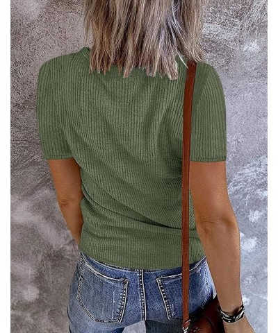 Women's 2024 Summer Short Sleeve Button V Neck Ribbed Shirts Top Solid Color Casual Tee Green $11.79 T-Shirts