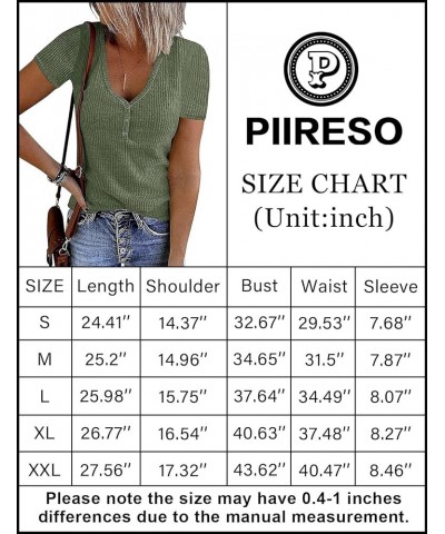 Women's 2024 Summer Short Sleeve Button V Neck Ribbed Shirts Top Solid Color Casual Tee Green $11.79 T-Shirts