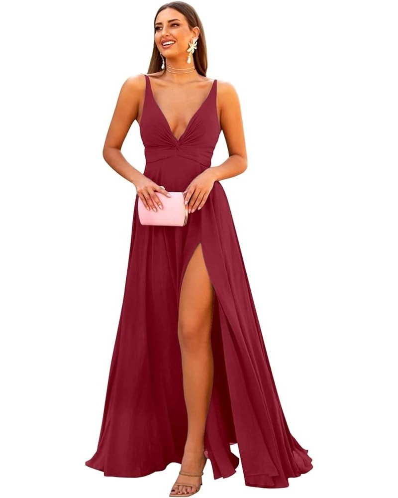 Deep V-Neck Bridesmaid Dresses 2024 Long Chiffon Slit Twisted Front Formal Evening Gown with Pockets Desert Rose $32.44 Dresses