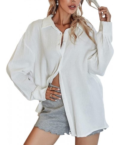 Women's Oversized Button Down Shirts Collared Button Up Shirt Blouse Top White $20.29 Blouses