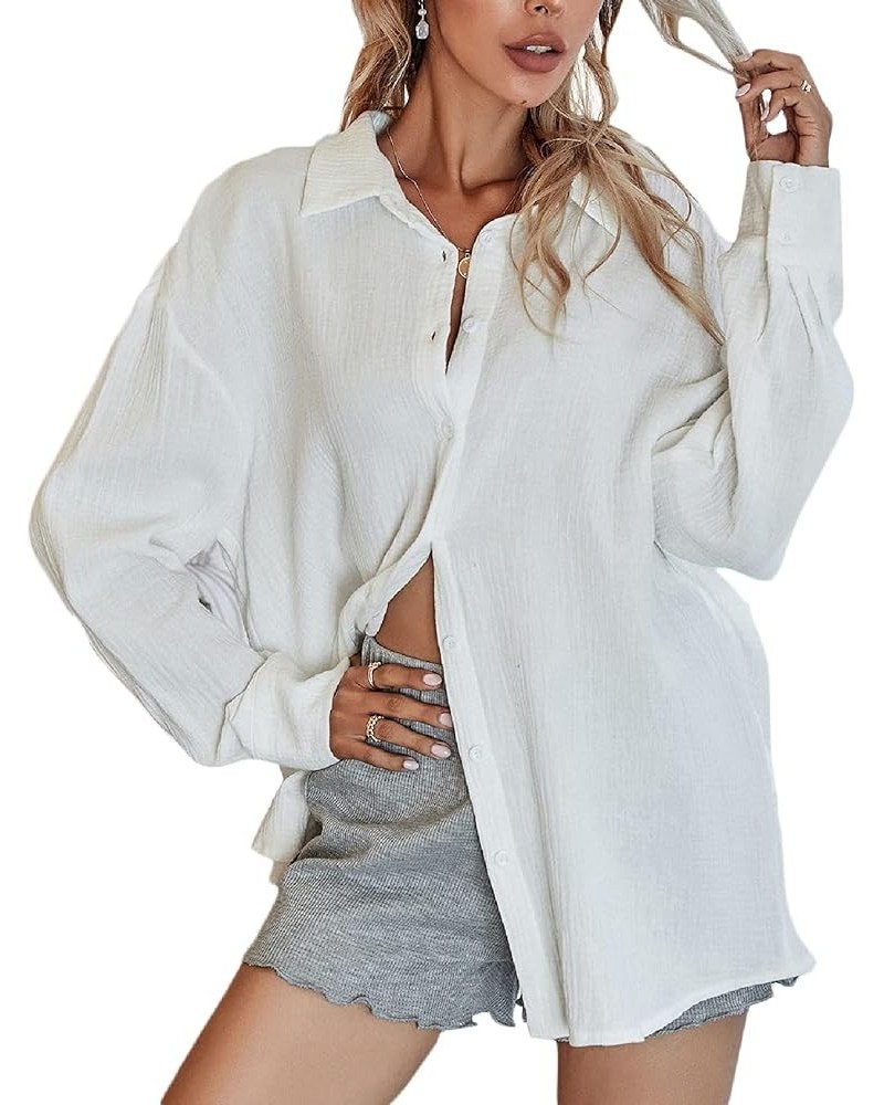 Women's Oversized Button Down Shirts Collared Button Up Shirt Blouse Top White $20.29 Blouses