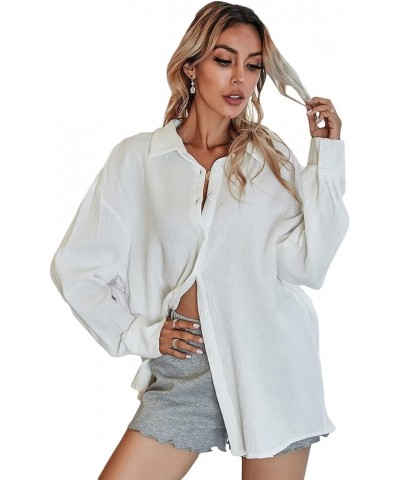 Women's Oversized Button Down Shirts Collared Button Up Shirt Blouse Top White $20.29 Blouses