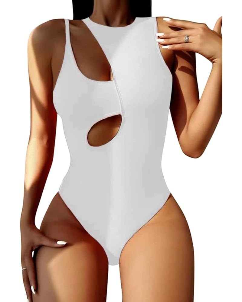 Women's Cutout Swimsuit High Waisted Monikini One Piece Bathing Suit White $21.00 Swimsuits