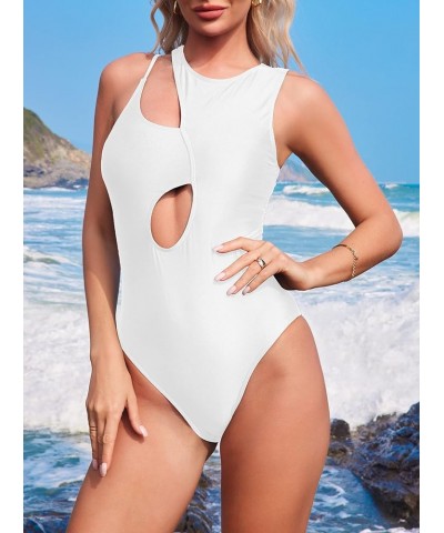 Women's Cutout Swimsuit High Waisted Monikini One Piece Bathing Suit White $21.00 Swimsuits