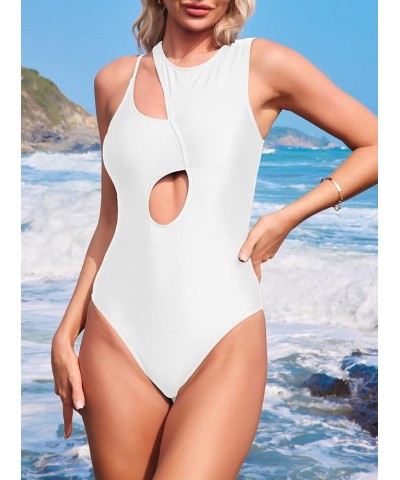 Women's Cutout Swimsuit High Waisted Monikini One Piece Bathing Suit White $21.00 Swimsuits