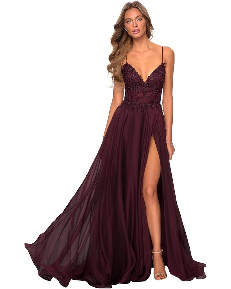 Women's V-Neck Prom Dress Slit Long Lace Appliques Formal Evening Party Gowns Chiffon PR003 Dark Burgundy $42.39 Dresses