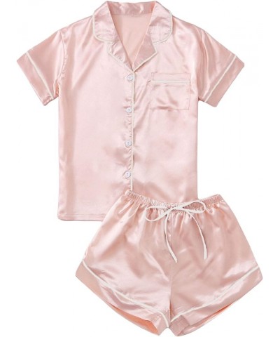 Women's Short Sleeve Satin Sleepwear Button Down Shirt & Shorts Pajama Set Pure Light Pink $14.55 Sleep & Lounge