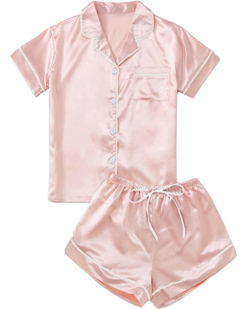 Women's Short Sleeve Satin Sleepwear Button Down Shirt & Shorts Pajama Set Pure Light Pink $14.55 Sleep & Lounge