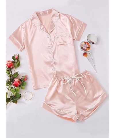 Women's Short Sleeve Satin Sleepwear Button Down Shirt & Shorts Pajama Set Pure Light Pink $14.55 Sleep & Lounge