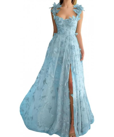 3D Butterfly Lace Appliques Prom Dresses for Women Tulle Wedding Dress Long Ball Gown Homecoming Dress Sky Blue-l $46.55 Dresses