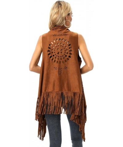 Fashion Women's Faux Suede Laser Cut Triangle Stoles Cape Shrug Scarf With Tassel Shawls Sun Brown $24.18 Sweaters