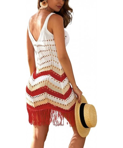 Women's Crochet Cover Up Sexy Hollow Out Tassel Sleeveless Vneck Beach Coverup Slim Fit Bathing Suit Dress Red Beige Stripe $...