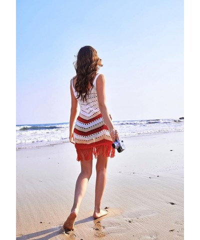 Women's Crochet Cover Up Sexy Hollow Out Tassel Sleeveless Vneck Beach Coverup Slim Fit Bathing Suit Dress Red Beige Stripe $...