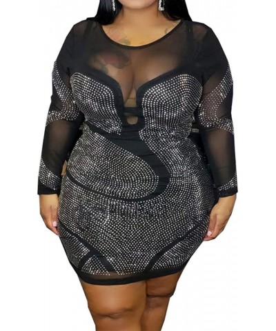 Womens Sexy Plus Size Long Sleeve Rhinestone Mesh See Through Bodycon Party Club Mini Dress Clubwear Black $29.14 Dresses