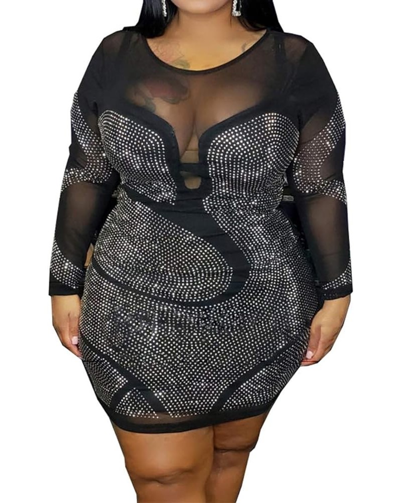 Womens Sexy Plus Size Long Sleeve Rhinestone Mesh See Through Bodycon Party Club Mini Dress Clubwear Black $29.14 Dresses