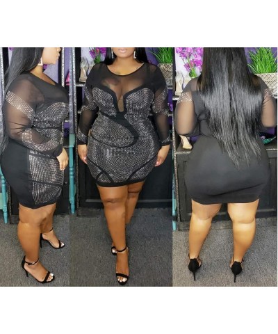 Womens Sexy Plus Size Long Sleeve Rhinestone Mesh See Through Bodycon Party Club Mini Dress Clubwear Black $29.14 Dresses