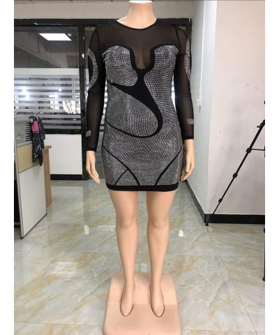 Womens Sexy Plus Size Long Sleeve Rhinestone Mesh See Through Bodycon Party Club Mini Dress Clubwear Black $29.14 Dresses