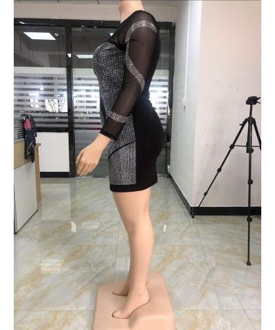 Womens Sexy Plus Size Long Sleeve Rhinestone Mesh See Through Bodycon Party Club Mini Dress Clubwear Black $29.14 Dresses