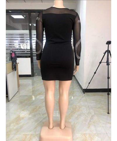 Womens Sexy Plus Size Long Sleeve Rhinestone Mesh See Through Bodycon Party Club Mini Dress Clubwear Black $29.14 Dresses