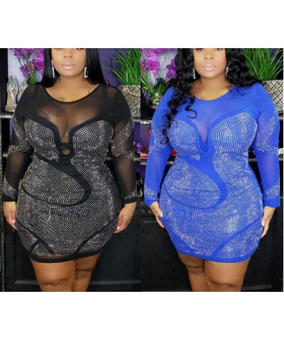 Womens Sexy Plus Size Long Sleeve Rhinestone Mesh See Through Bodycon Party Club Mini Dress Clubwear Black $29.14 Dresses