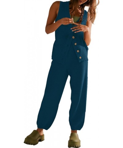 2 Piece Outfits for Women Summer V Neck Sleeveless Knit Button Tank Tops and Wide Leg Pants Lounge Sets Tracksuit Blue $27.50...