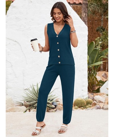 2 Piece Outfits for Women Summer V Neck Sleeveless Knit Button Tank Tops and Wide Leg Pants Lounge Sets Tracksuit Blue $27.50...