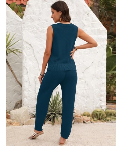 2 Piece Outfits for Women Summer V Neck Sleeveless Knit Button Tank Tops and Wide Leg Pants Lounge Sets Tracksuit Blue $27.50...