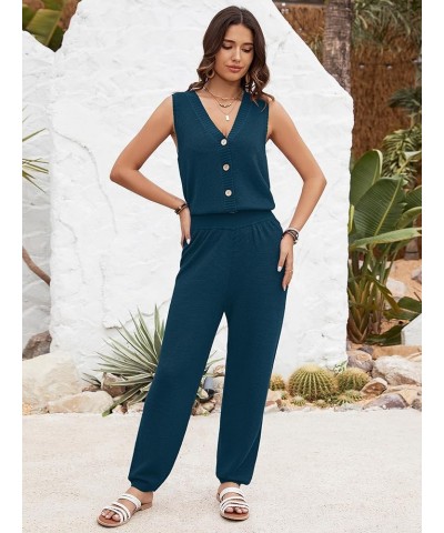 2 Piece Outfits for Women Summer V Neck Sleeveless Knit Button Tank Tops and Wide Leg Pants Lounge Sets Tracksuit Blue $27.50...