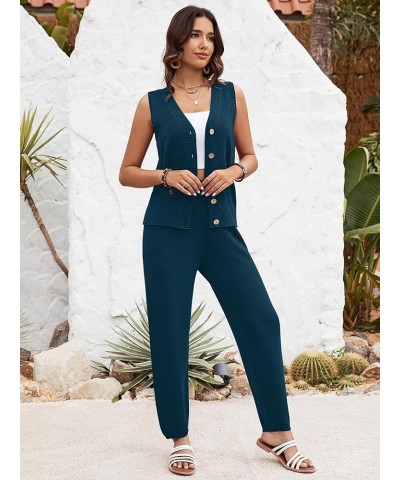 2 Piece Outfits for Women Summer V Neck Sleeveless Knit Button Tank Tops and Wide Leg Pants Lounge Sets Tracksuit Blue $27.50...