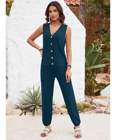 2 Piece Outfits for Women Summer V Neck Sleeveless Knit Button Tank Tops and Wide Leg Pants Lounge Sets Tracksuit Blue $27.50...