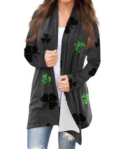 Cardigan for Women, St. Patrick's Four Leaf Clover Long Sleeve Cardigan Plus Size Open Front Lightweight Cardigans 2-dark Gra...