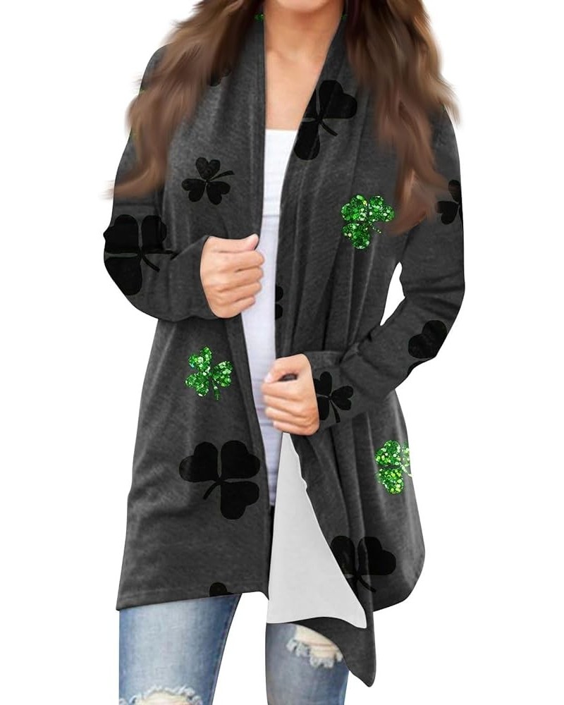 Cardigan for Women, St. Patrick's Four Leaf Clover Long Sleeve Cardigan Plus Size Open Front Lightweight Cardigans 2-dark Gra...