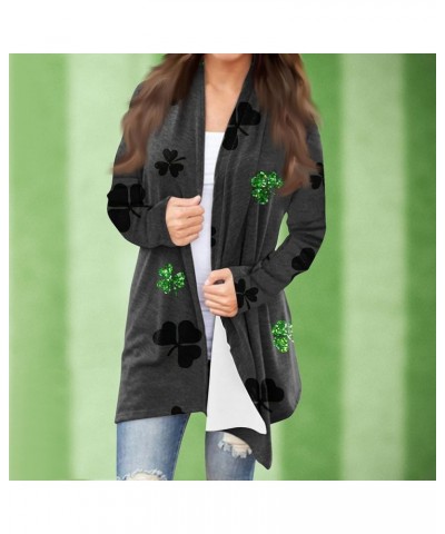 Cardigan for Women, St. Patrick's Four Leaf Clover Long Sleeve Cardigan Plus Size Open Front Lightweight Cardigans 2-dark Gra...