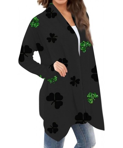 Cardigan for Women, St. Patrick's Four Leaf Clover Long Sleeve Cardigan Plus Size Open Front Lightweight Cardigans 2-dark Gra...