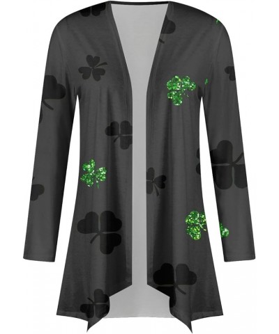 Cardigan for Women, St. Patrick's Four Leaf Clover Long Sleeve Cardigan Plus Size Open Front Lightweight Cardigans 2-dark Gra...