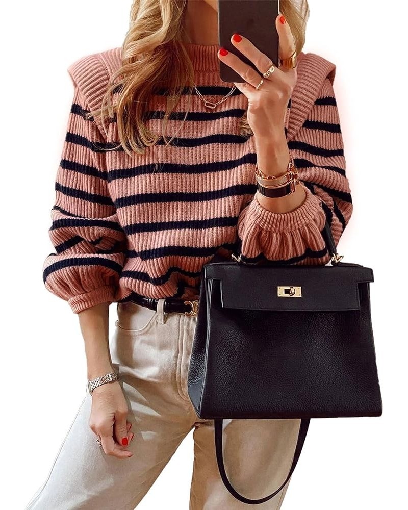 Women's Sweaters Casual Long Lantern Sleeve Crewneck Ribbed Knit Pullover Striped Jumper Tops Blouse Nude Pink $28.41 Sweaters