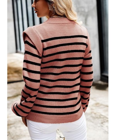 Women's Sweaters Casual Long Lantern Sleeve Crewneck Ribbed Knit Pullover Striped Jumper Tops Blouse Nude Pink $28.41 Sweaters