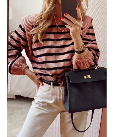 Women's Sweaters Casual Long Lantern Sleeve Crewneck Ribbed Knit Pullover Striped Jumper Tops Blouse Nude Pink $28.41 Sweaters