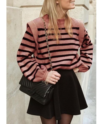 Women's Sweaters Casual Long Lantern Sleeve Crewneck Ribbed Knit Pullover Striped Jumper Tops Blouse Nude Pink $28.41 Sweaters