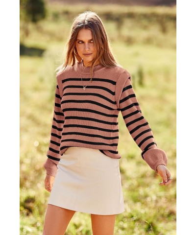 Women's Sweaters Casual Long Lantern Sleeve Crewneck Ribbed Knit Pullover Striped Jumper Tops Blouse Nude Pink $28.41 Sweaters