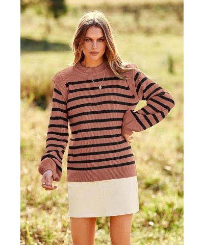 Women's Sweaters Casual Long Lantern Sleeve Crewneck Ribbed Knit Pullover Striped Jumper Tops Blouse Nude Pink $28.41 Sweaters