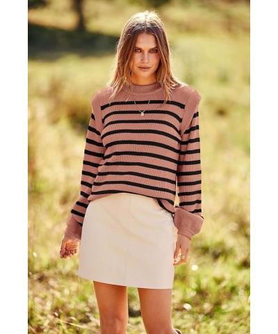 Women's Sweaters Casual Long Lantern Sleeve Crewneck Ribbed Knit Pullover Striped Jumper Tops Blouse Nude Pink $28.41 Sweaters