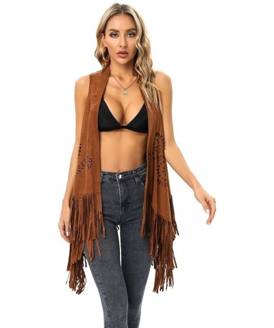 Fashion Women's Faux Suede Laser Cut Triangle Stoles Cape Shrug Scarf With Tassel Shawls Sun Brown $24.18 Sweaters